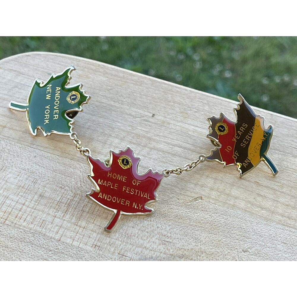 Lions Club Lapel Pin Andover New York Maple Leaf 10 Yrs of Service Chain Leaves